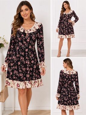 One Heart NWT XL Black Floral Contrast Ruffle Long Sleeve Fit & Flare Mini Dress